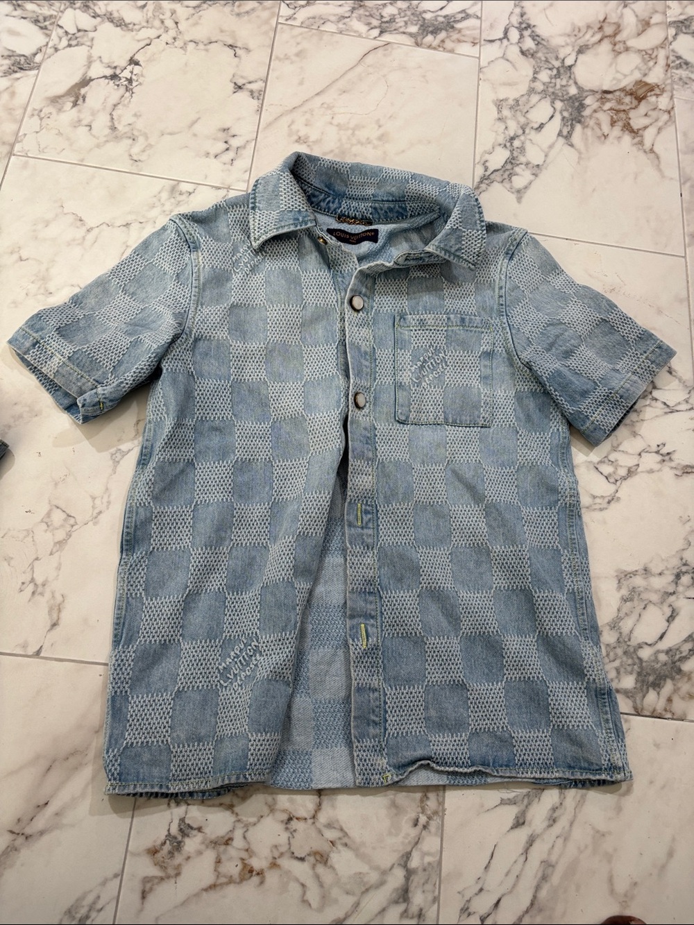 Louis Vuitton Light Blue Checker Knit Short Sleeve Button-Down